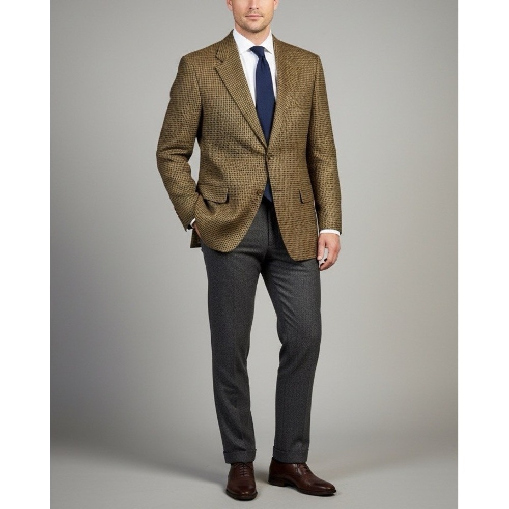 Lauren Ralph Lauren Mens 100% Lamb's Wool Houndstooth Blazer Coat‎ Brown 44L